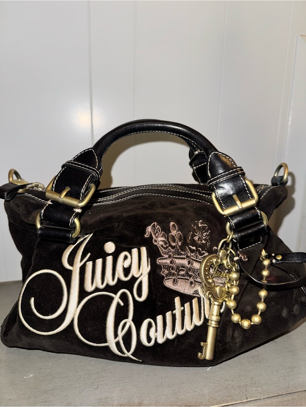 Juicy Couture Black/Brown Velvet Logo Handbag with Gold Charm